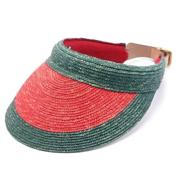Gucci visor EUC red green straw leather 56cm - Picture 1 of 12